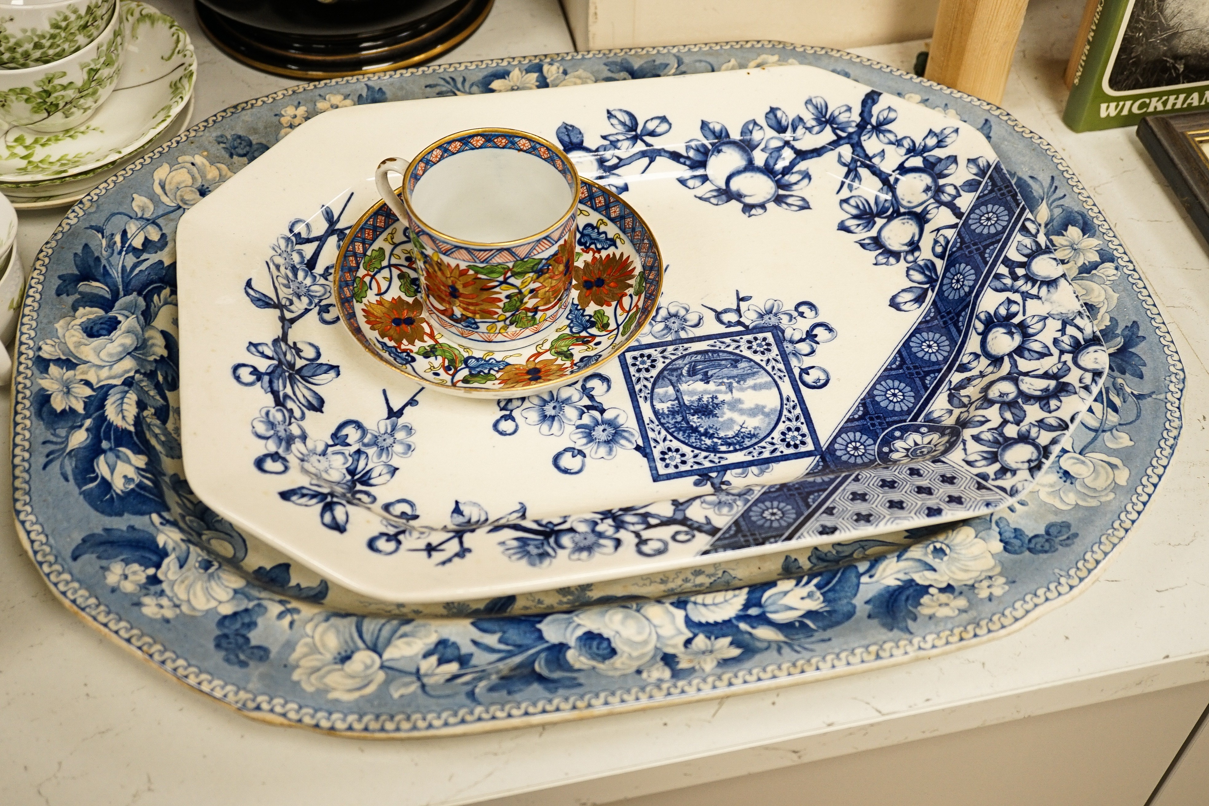 A 19th century enamel pottery jardiniere, Chinese jar and cover, a Copelands hand painted tea set, 2 blue and white meat platters, a Imari style cup and saucer etc. Jardiniere 19 cms, high.